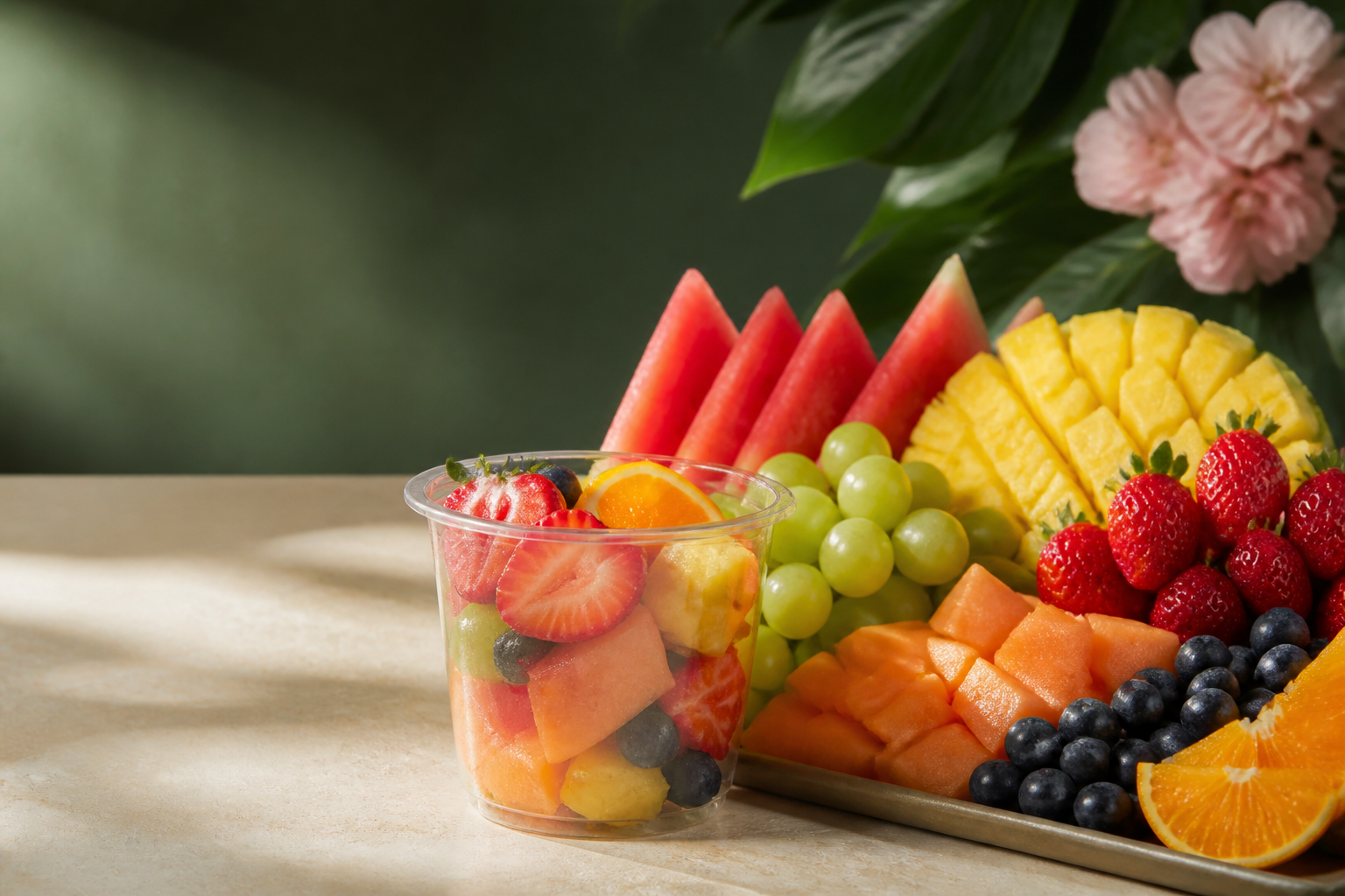 Freshly cut premium fruit arranged for a grocery display